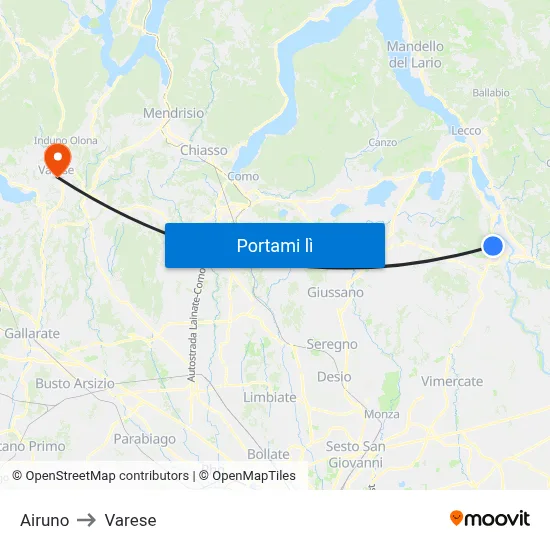 Airuno to Varese map