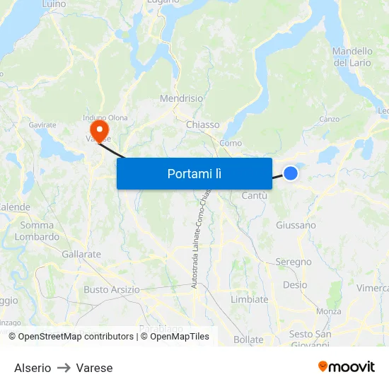 Alserio to Varese map