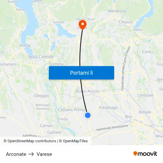 Arconate to Varese map