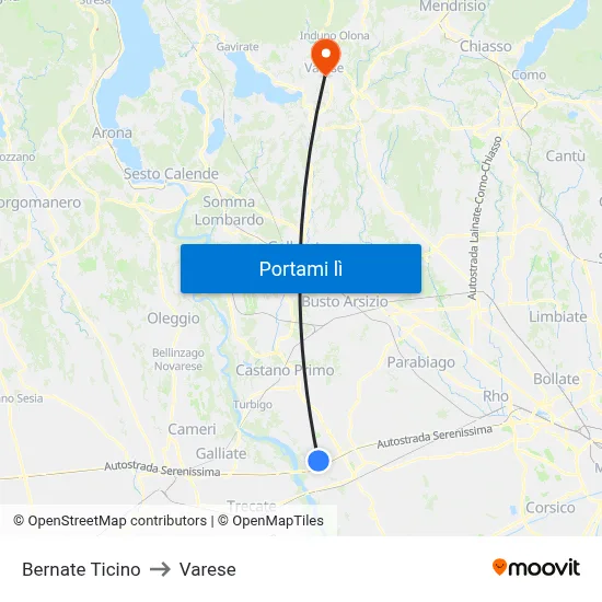 Bernate Ticino to Varese map