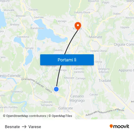 Besnate to Varese map