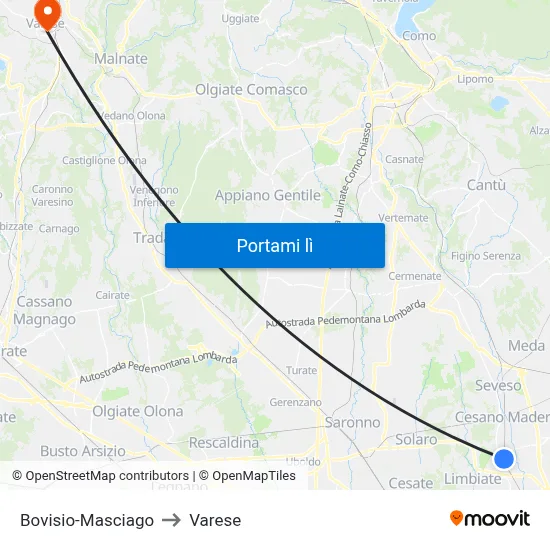 Bovisio-Masciago to Varese map