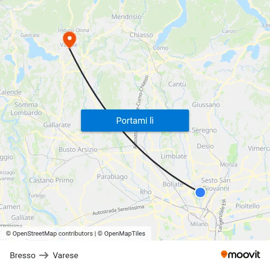 Bresso to Varese map
