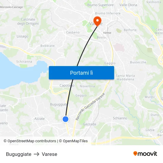 Buguggiate to Varese map