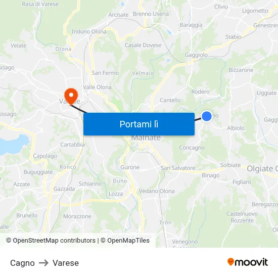 Cagno to Varese map