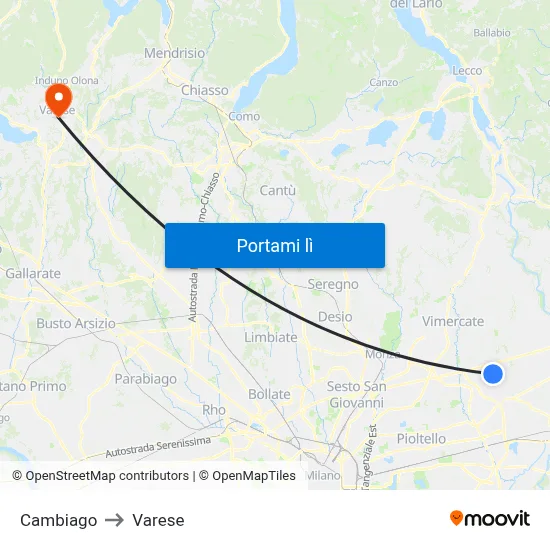 Cambiago to Varese map