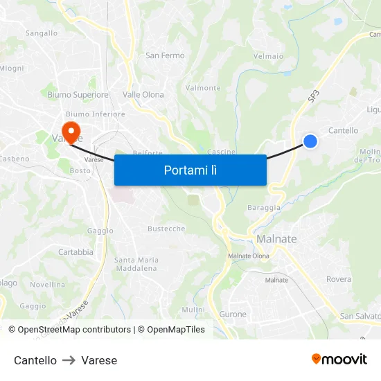 Cantello to Varese map