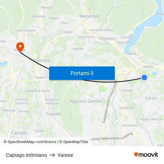 Capiago Intimiano to Varese map
