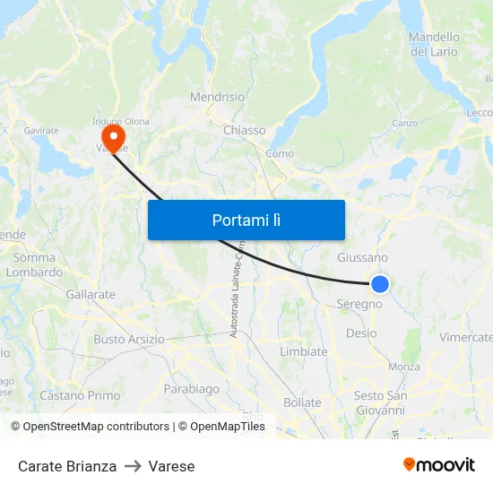 Carate Brianza to Varese map
