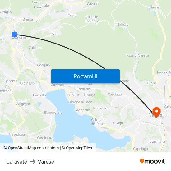 Caravate to Varese map