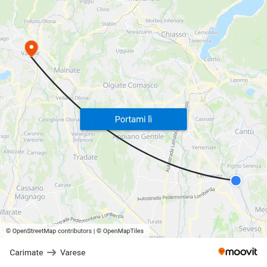 Carimate to Varese map