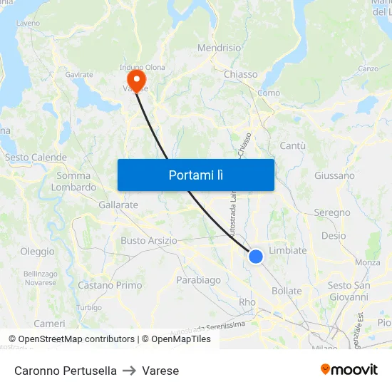 Caronno Pertusella to Varese map