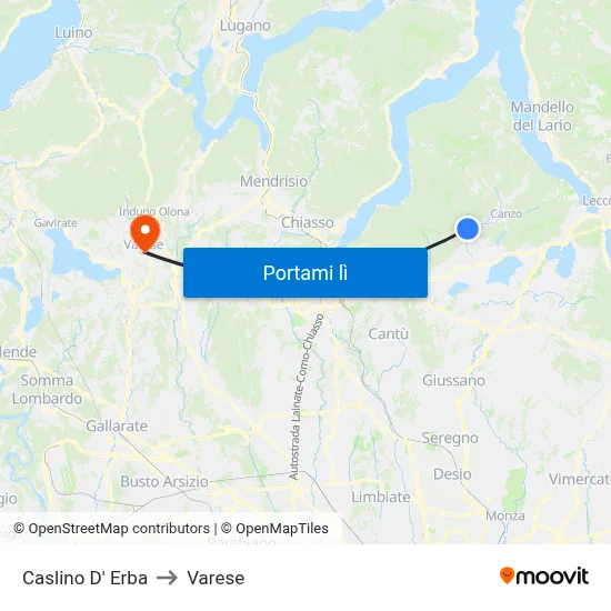 Caslino D' Erba to Varese map
