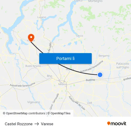 Castel Rozzone to Varese map