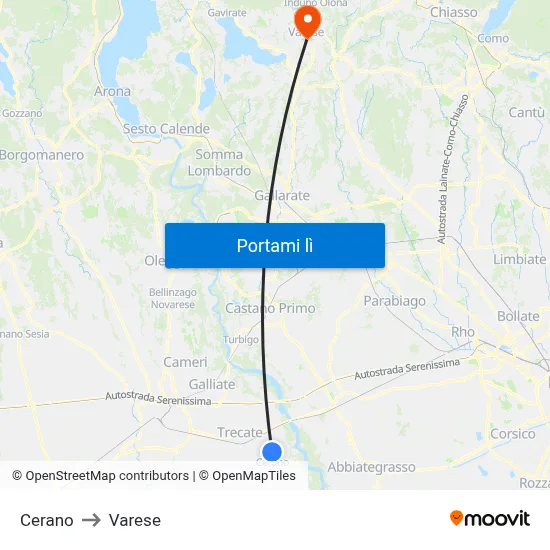 Cerano to Varese map
