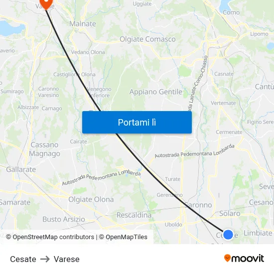 Cesate to Varese map