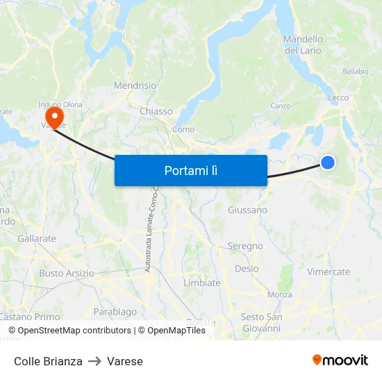 Colle Brianza to Varese map
