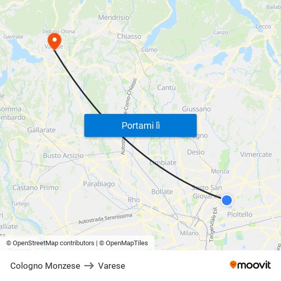 Cologno Monzese to Varese map