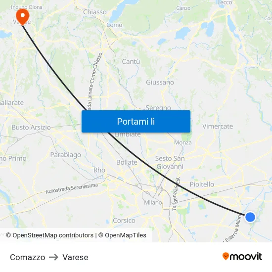 Comazzo to Varese map