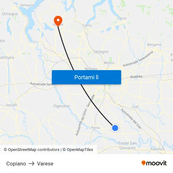 Copiano to Varese map