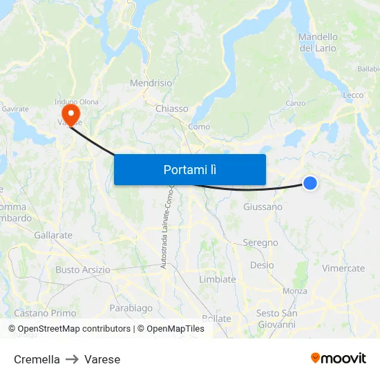 Cremella to Varese map