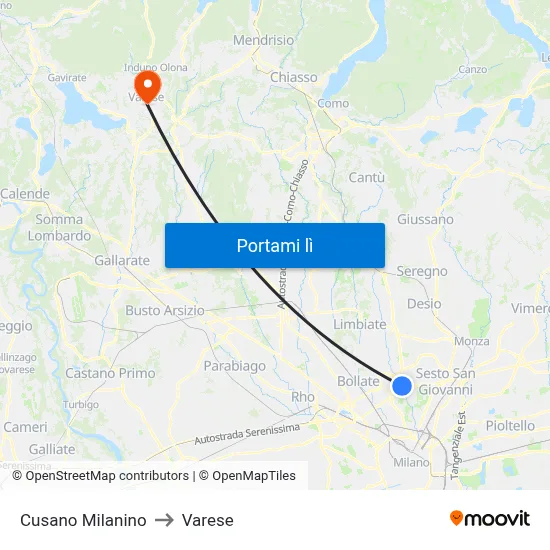 Cusano Milanino to Varese map