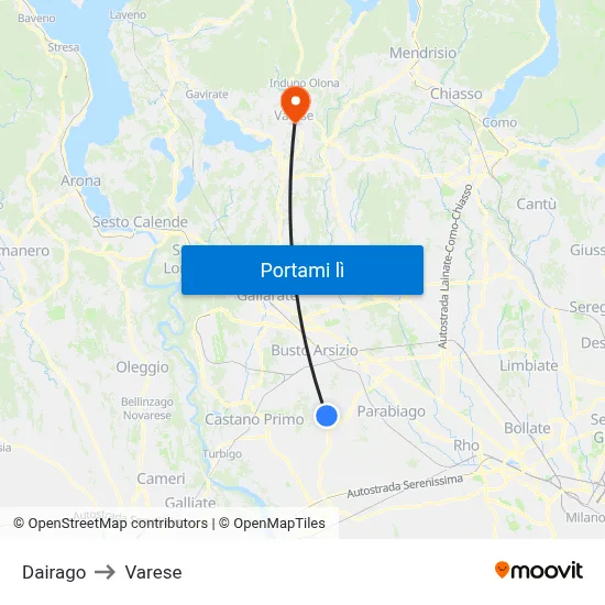 Dairago to Varese map