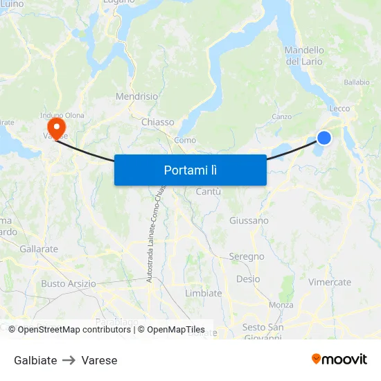 Galbiate to Varese map