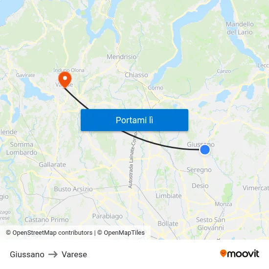 Giussano to Varese map