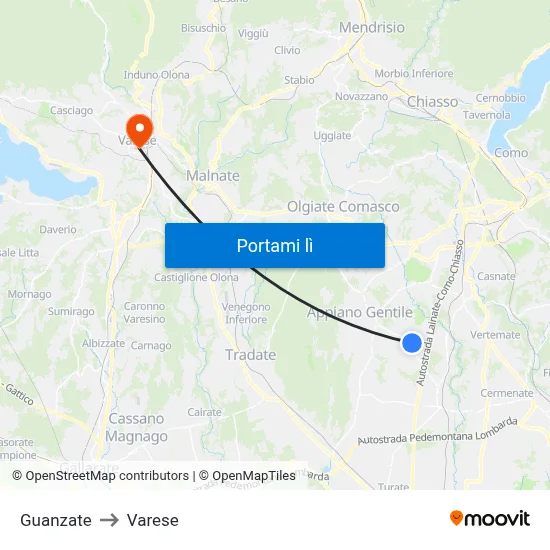 Guanzate to Varese map