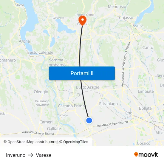 Inveruno to Varese map