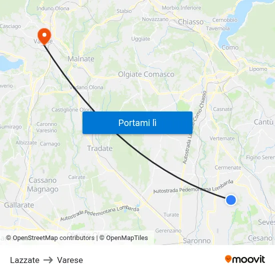 Lazzate to Varese map