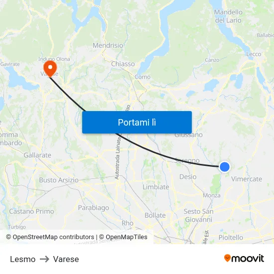 Lesmo to Varese map