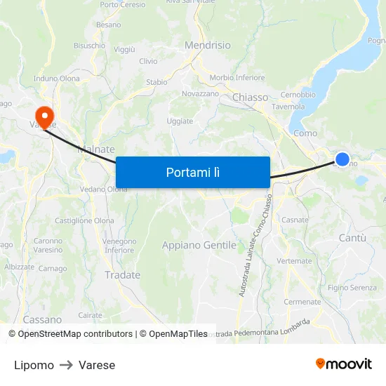 Lipomo to Varese map