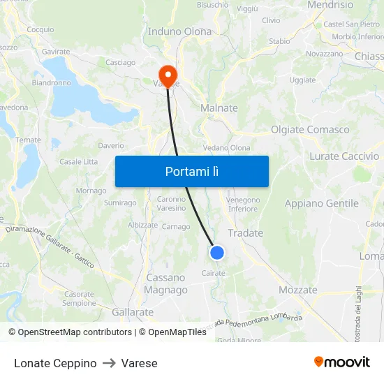Lonate Ceppino to Varese map