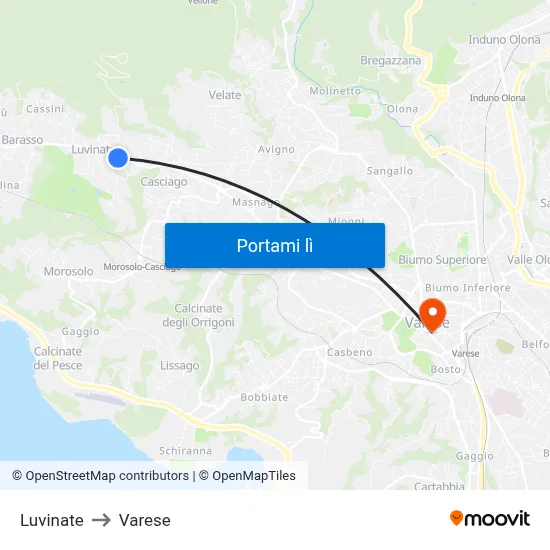 Luvinate to Varese map