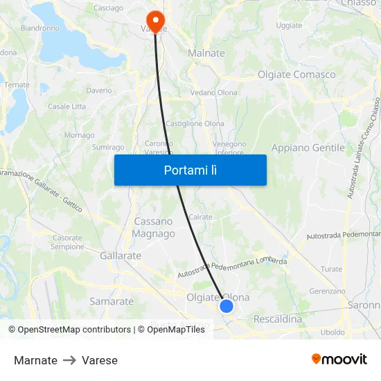 Marnate to Varese map