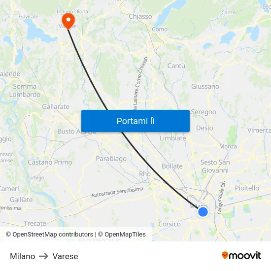 Milano to Varese map