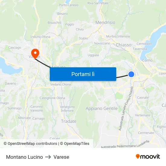 Montano Lucino to Varese map