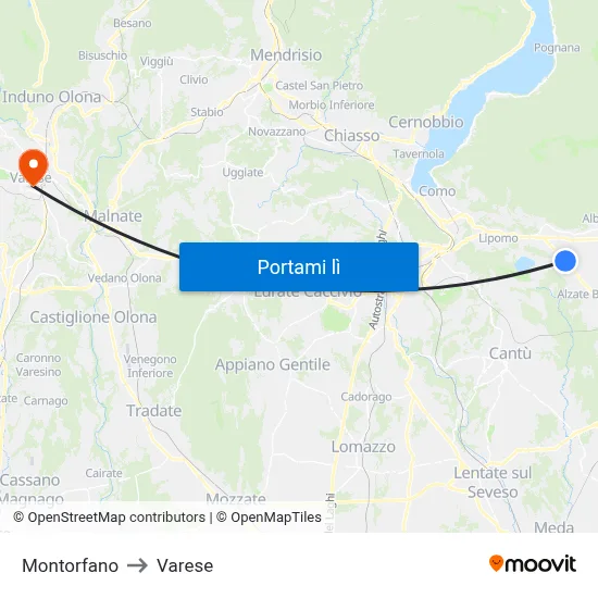 Montorfano to Varese map