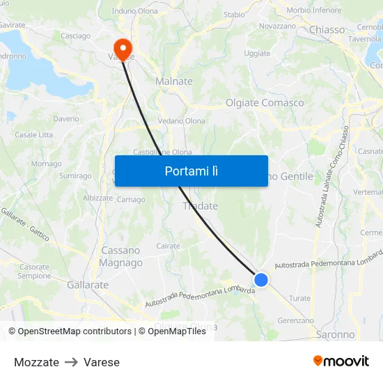 Mozzate to Varese map