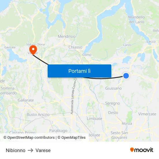 Nibionno to Varese map