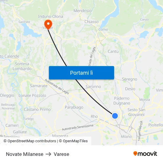 Novate Milanese to Varese map