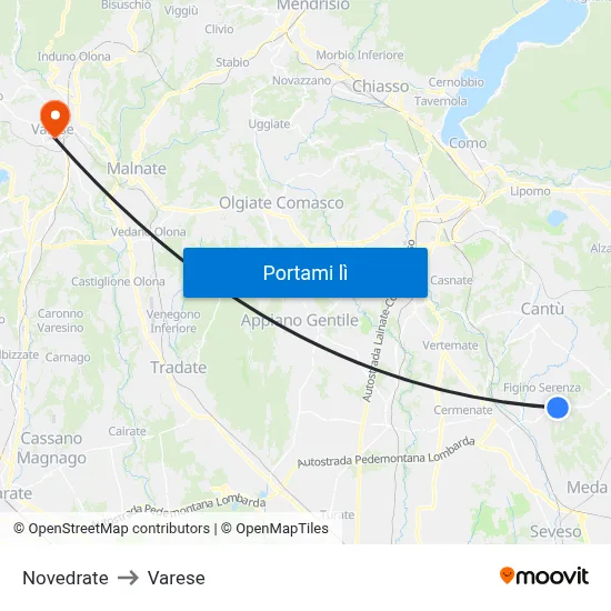 Novedrate to Varese map