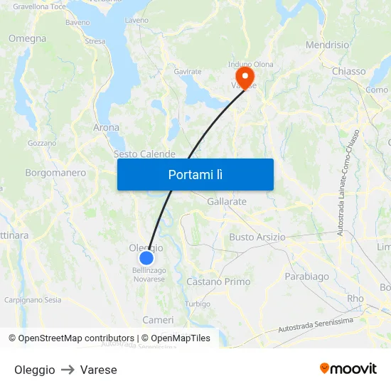 Oleggio to Varese map