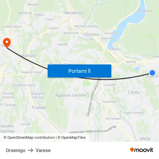 Orsenigo to Varese map