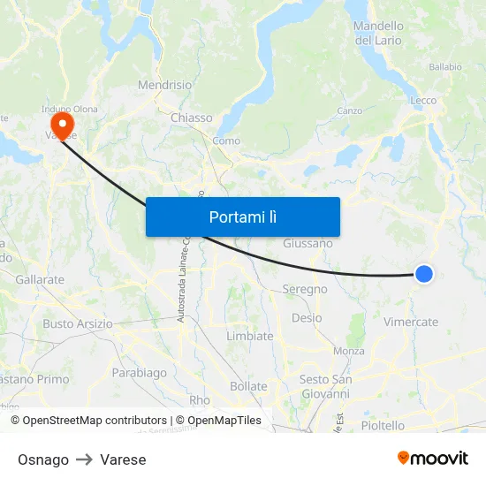 Osnago to Varese map