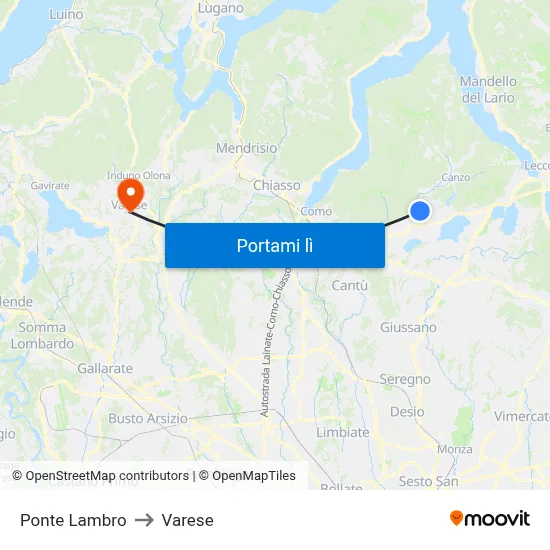 Ponte Lambro to Varese map