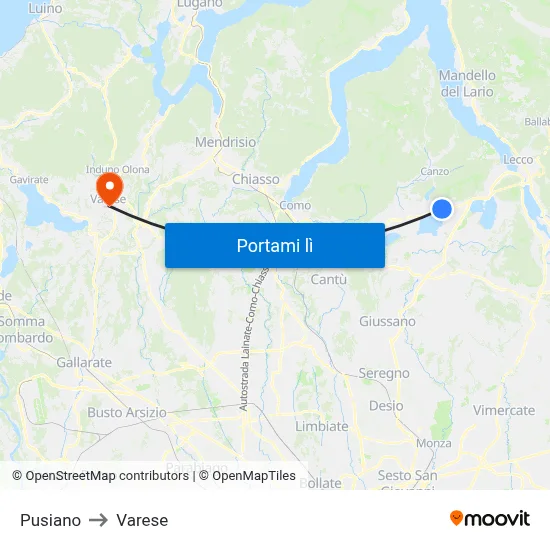 Pusiano to Varese map