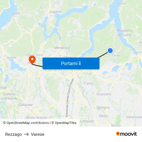 Rezzago to Varese map